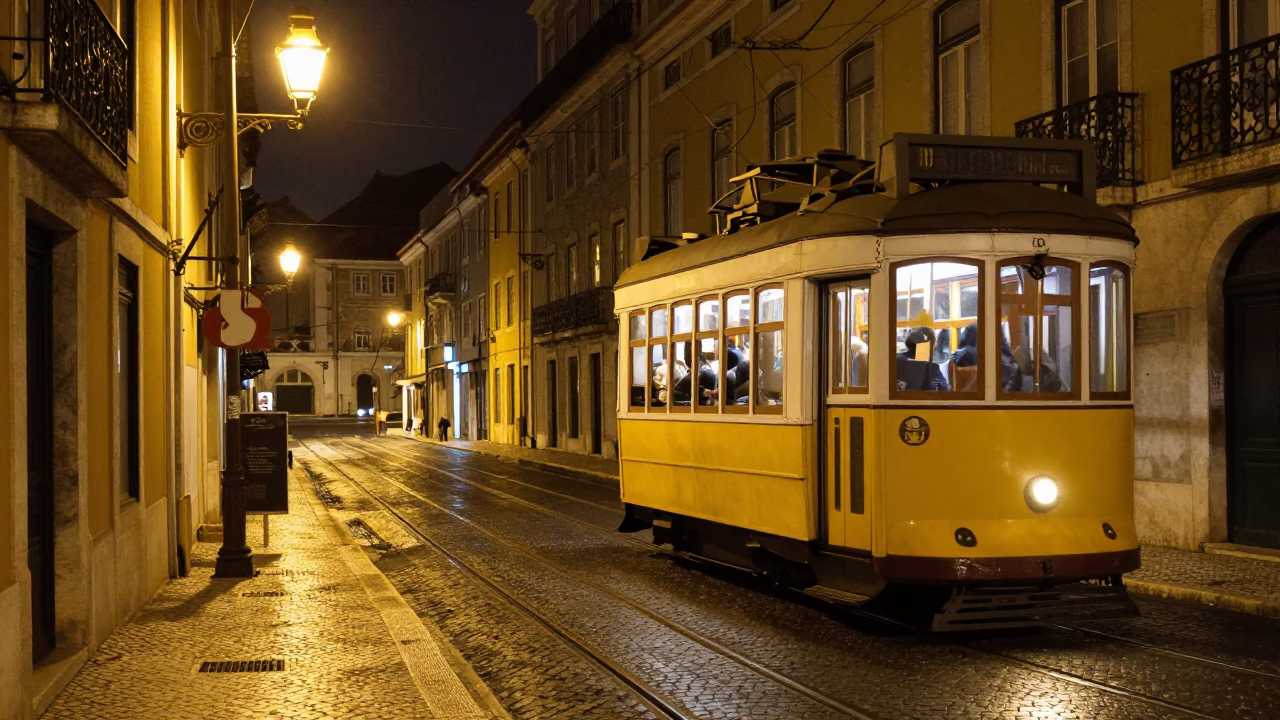 Nighttime Lisbon Street Scene with Vintage Tram and Glowing Windows in in Lisbon, Portugal