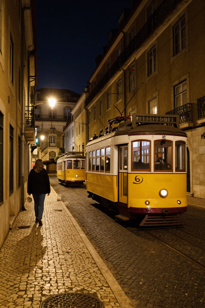 Nighttime Lisbon Street Scene with Vintage Tram and Traditional Azulejo Tile Architecture in in Lisbon, Portugal