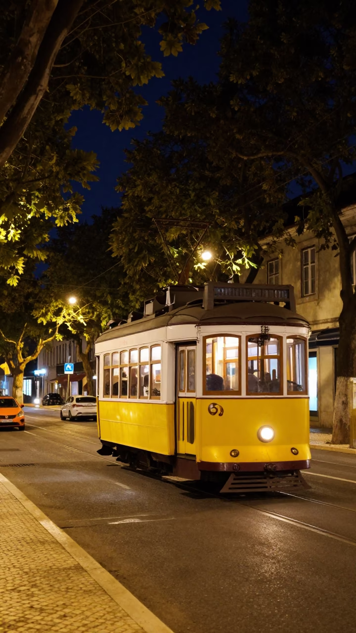 Nighttime Lisbon Street Scene with Vintage Trolley and Tree-Lined Avenue in in Lisbon, Portugal