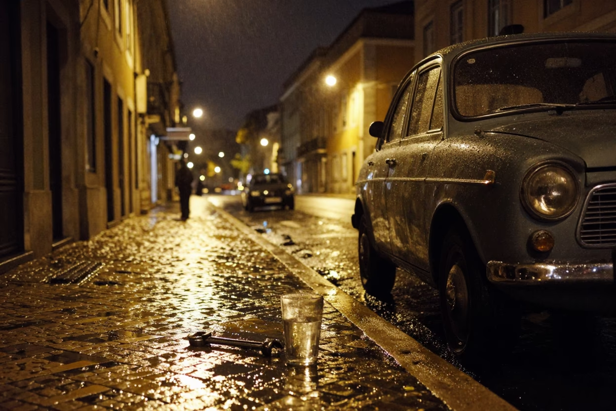 Nighttime Lisbon Street Scene with Wrench and Clear Glass Detail in Portugal in in Lisbon, Portugal
