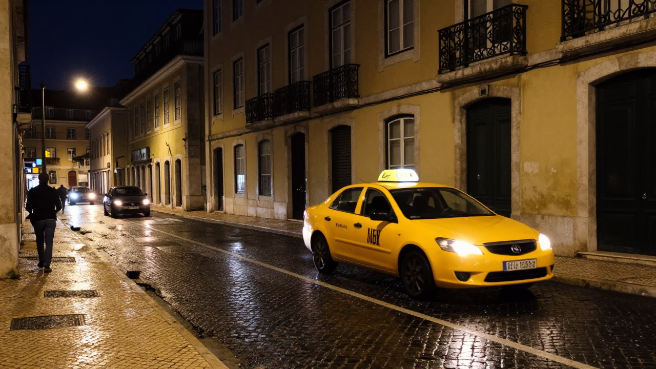 Nighttime Lisbon Street Scene with Yellow Taxi and Historic Architecture in in Lisbon, Portugal