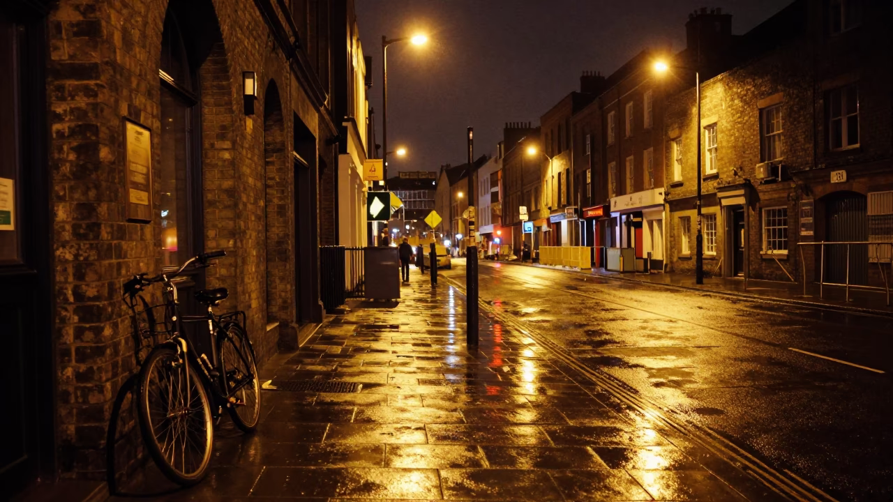 Nighttime Liverpool Street Scene with Bicycle and Construction Site in in Liverpool, United Kingdom