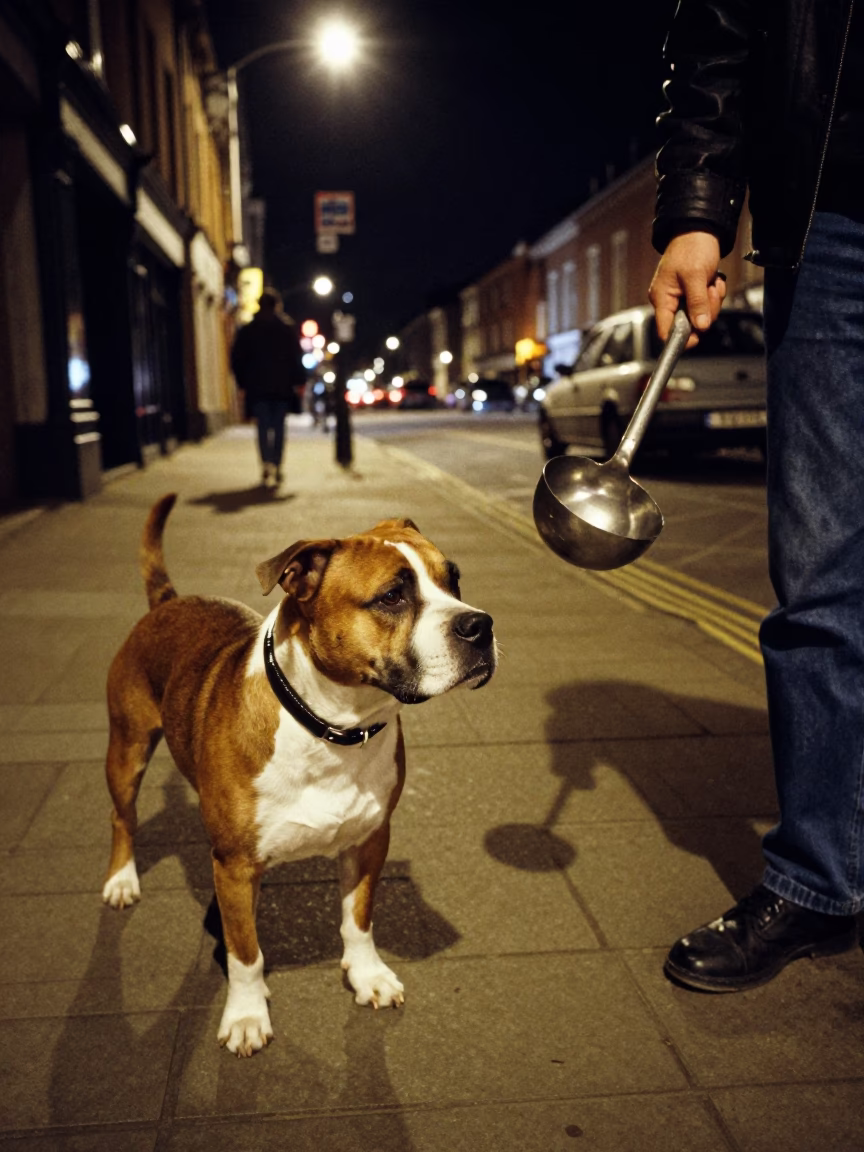 Nighttime Liverpool Street Scene with Staffordshire Bull Terrier and Ladle in in Liverpool, United Kingdom