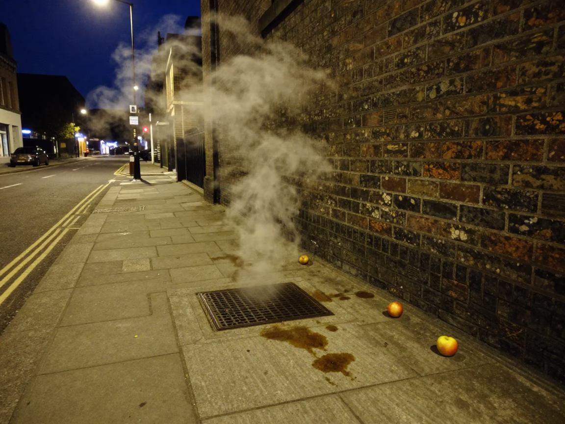 Nighttime Liverpool Street Scene with Tea Stains and Apples in Vintage 1950s Atmosphere in in Liverpool, United Kingdom