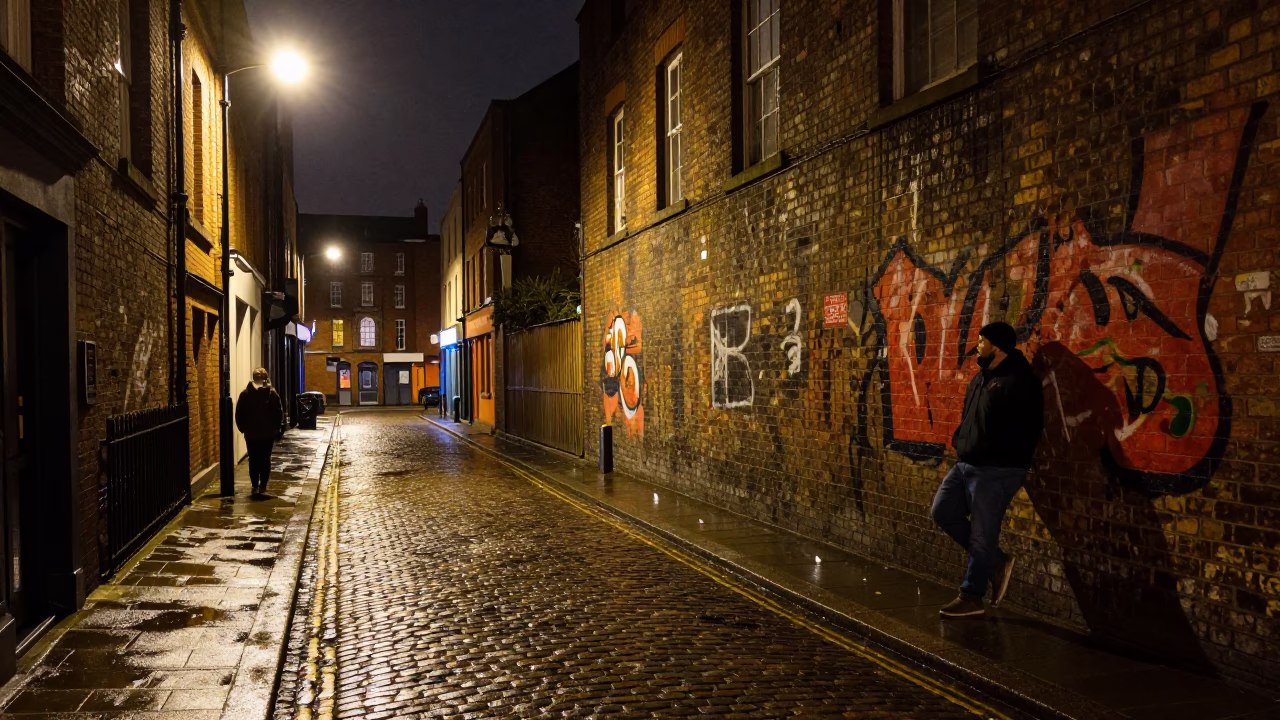 Nighttime Liverpool Street Scene with Tea Stains on Urban Tile in in Liverpool, United Kingdom
