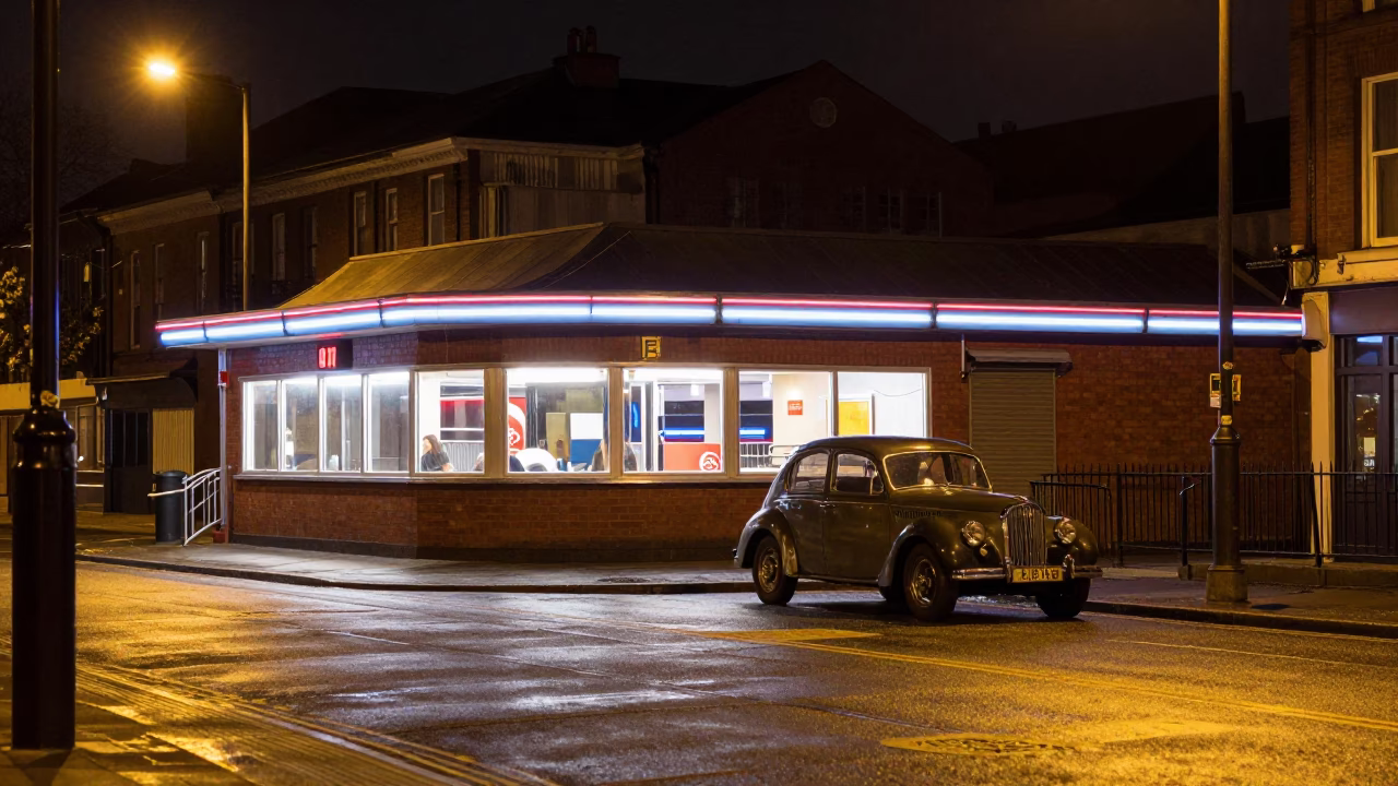 Nighttime Liverpool Street Scene with Vintage Car and Diner Atmosphere in in Liverpool, United Kingdom
