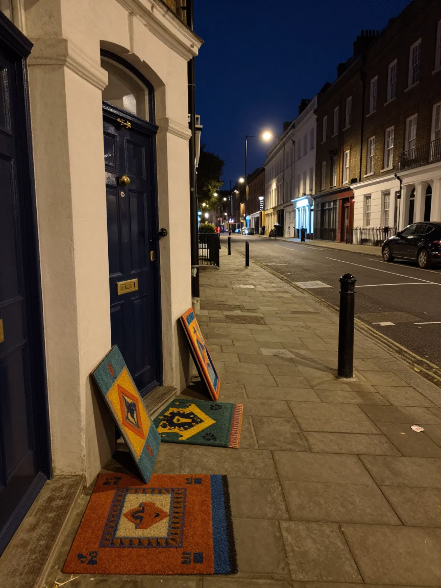 Nighttime London Street Scene with Colorful Door Mats and Urban Details in in London, United Kingdom