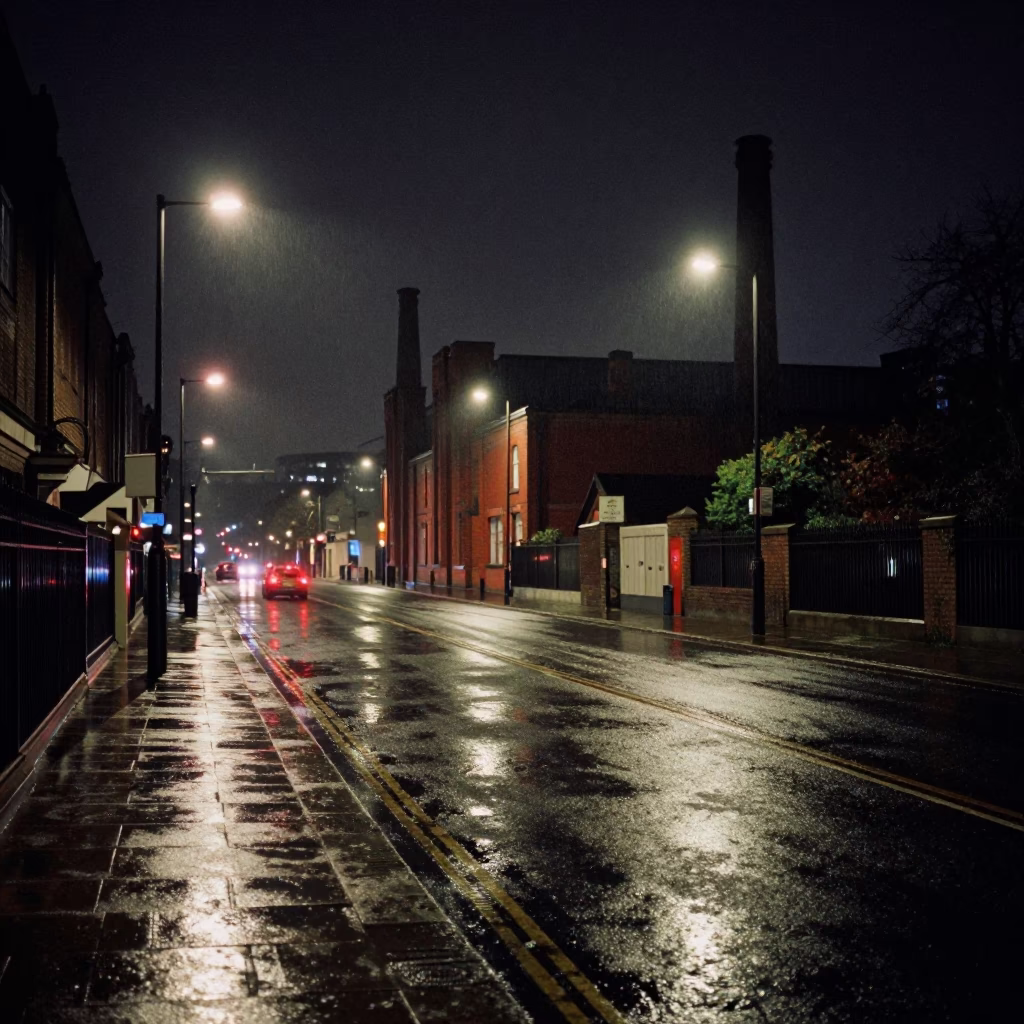 Nighttime London Street Scene with Rain-Slicked Asphalt and Distant Substation Insulators in in London, United Kingdom