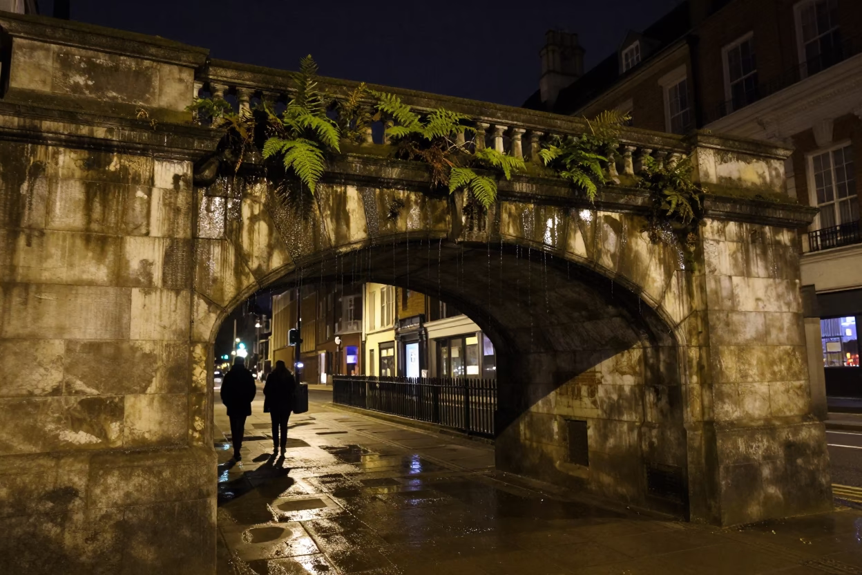 Nighttime London Street Scene with Viaduct Arch and Dripping Stone Undercroft Ferns in in London, United Kingdom