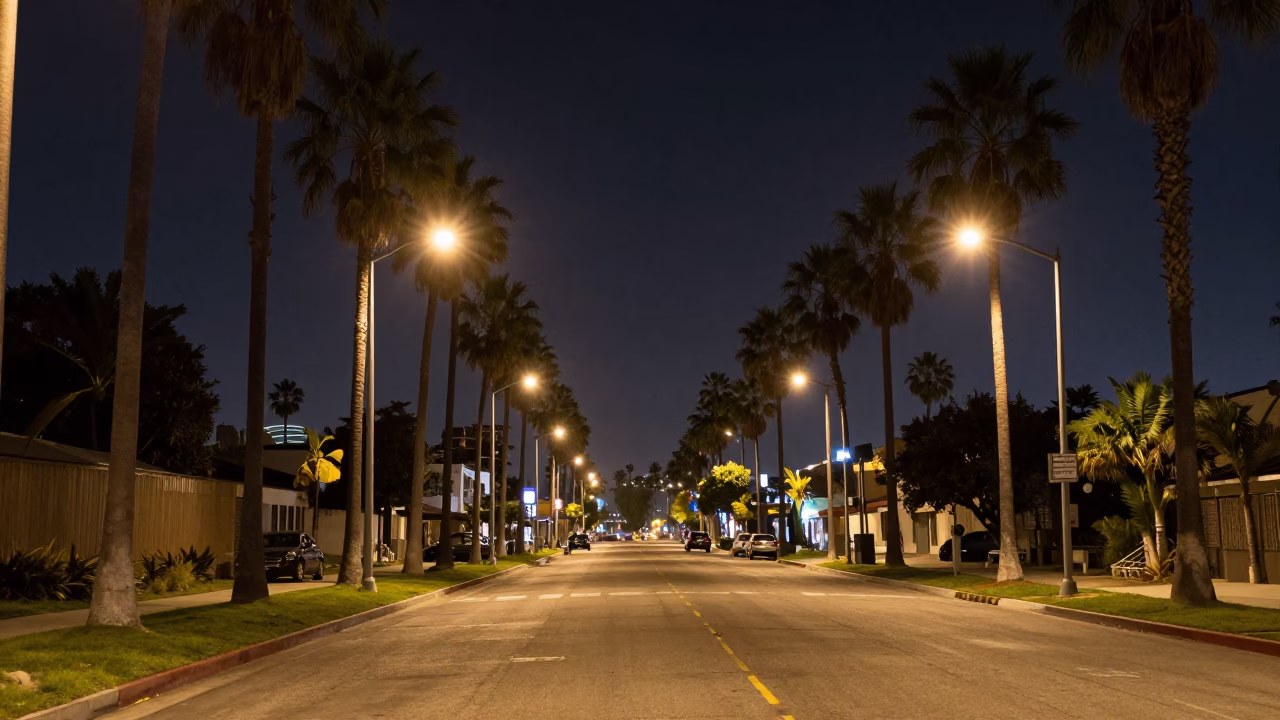 Nighttime Los Angeles Palm Tree Avenue with Streetlights and Urban Ambiance in in Los Angeles, California, United States