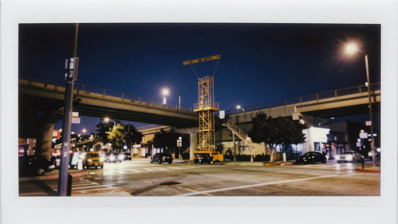 Nighttime Los Angeles Street Scene with Bridge Maintenance Cage and Urban Activity in in Los Angeles, California, United States