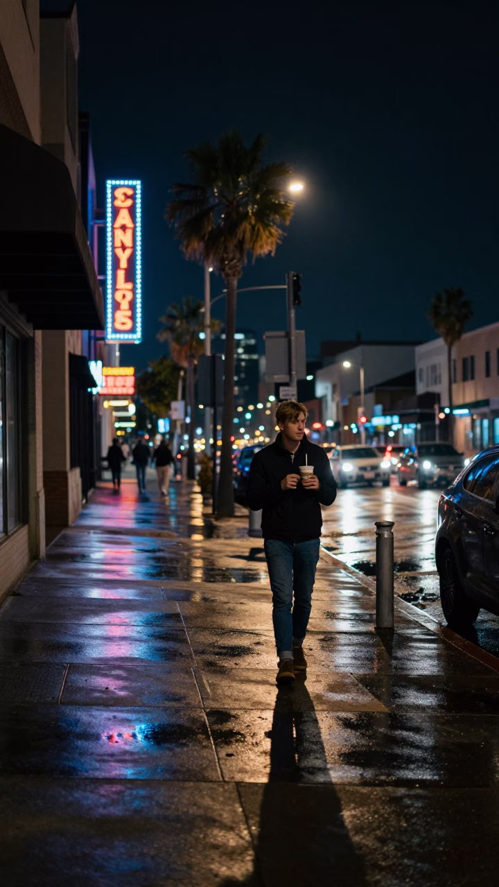 Nighttime Los Angeles Street Scene with Coffee Cup and Urban Neon Reflections in in Los Angeles, California, United States