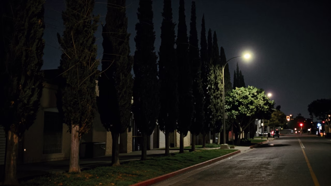 Nighttime Los Angeles Street Scene with Cypress Trees and Vintage Scooter in in Los Angeles, California, United States