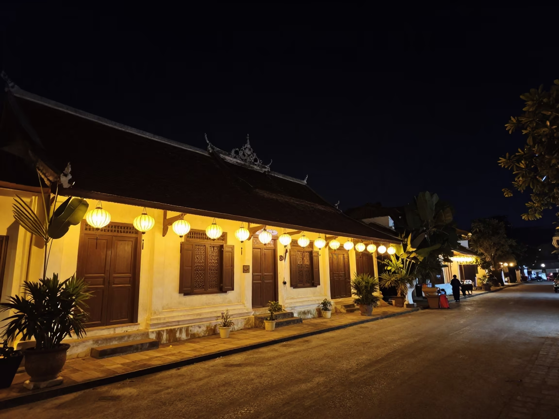 Nighttime Luang Prabang Street Scene with Lanterns and Traditional Architecture in Laos in in Luang Prabang, Laos
