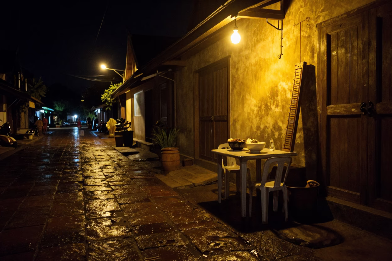 Nighttime Luang Prabang Street Scene with Ramen Bowl and Harmonica in in Luang Prabang, Laos