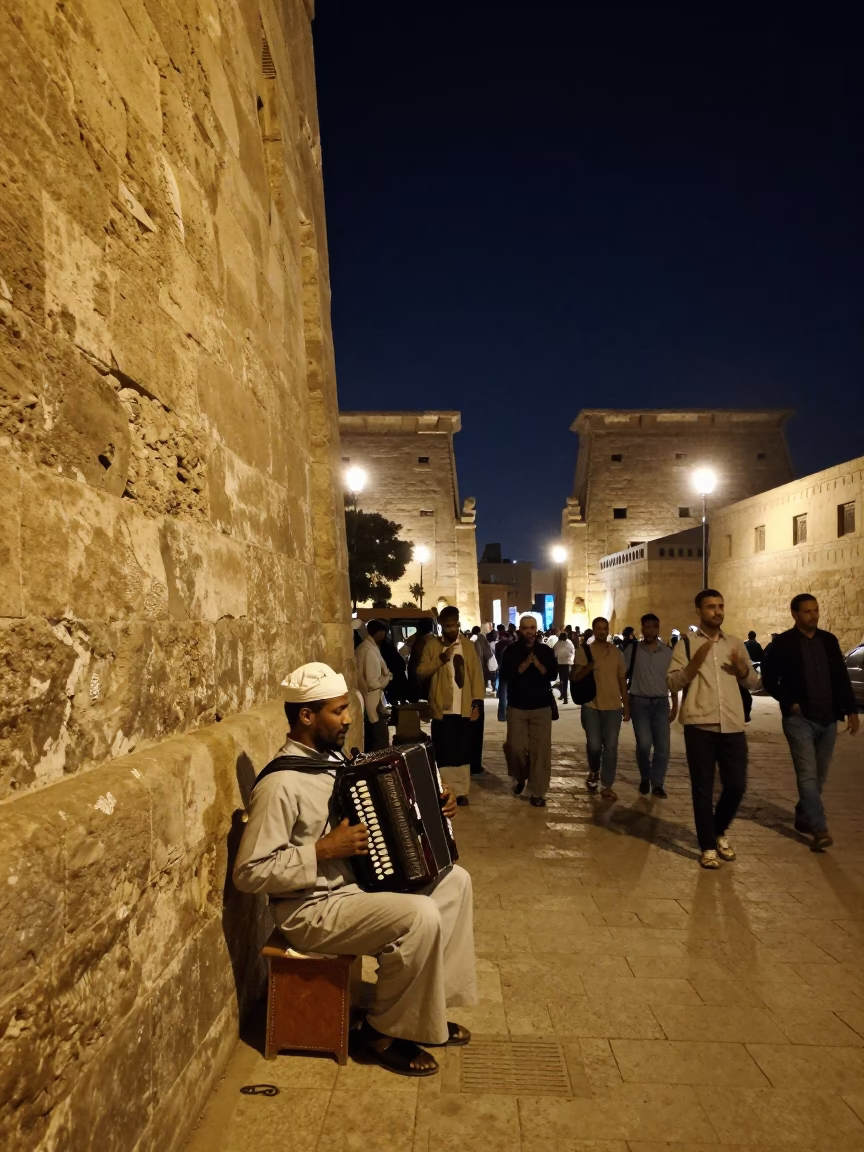 Nighttime Luxor Street Scene with Accordion Player and Prayer Beads in in Luxor, Egypt