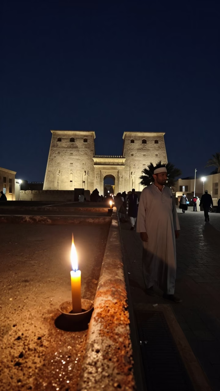 Nighttime Luxor Street Scene with Taper Candle and Rusty Rail in in Luxor, Egypt