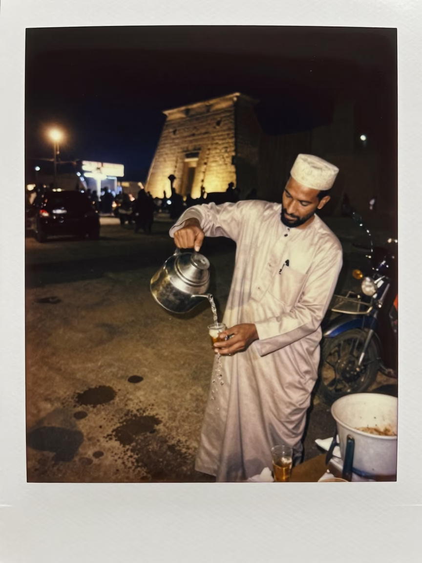 Nighttime Luxor Street Scene with Tea Stains and Scrub Brush in in Luxor, Egypt