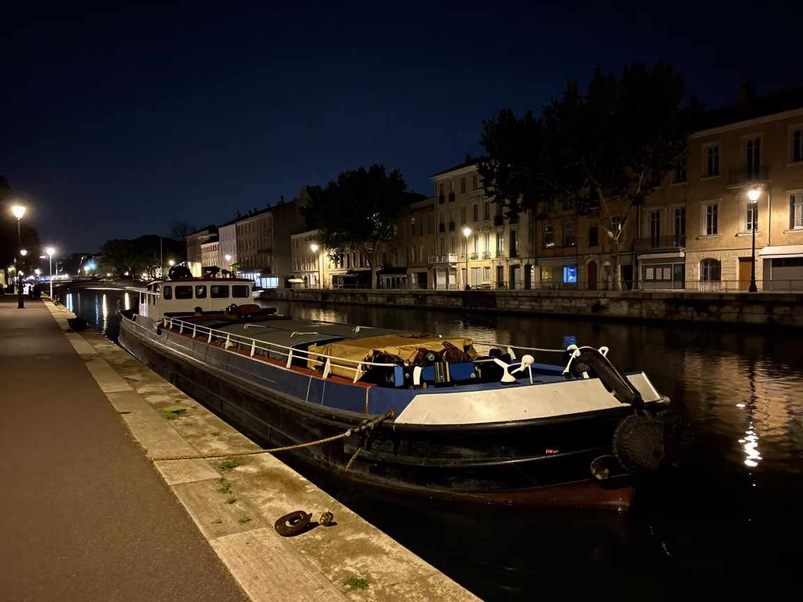 Nighttime Lyon France Canal Barge Iron Hook Docked Under Deep Sky in in Lyon, France