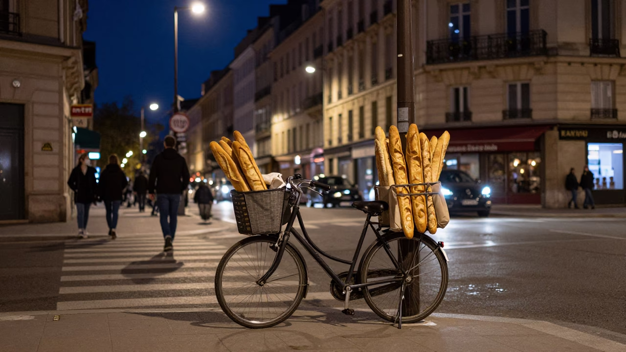 Nighttime Lyon France Street Scene with Bicycle Baguettes and Urban Architecture in in Lyon, France