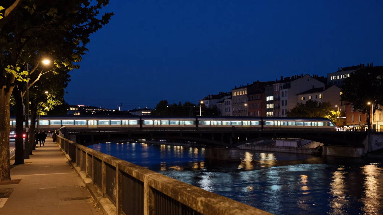 Nighttime Lyon France Street Scene with Commuter Train Crossing Bridge and Moon Bridge Reflection in in Lyon, France