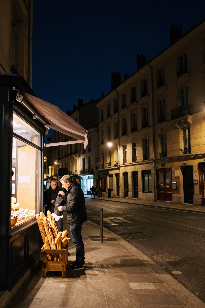 Nighttime Lyon Street Scene with Baguettes and Local Architecture in in Lyon, France