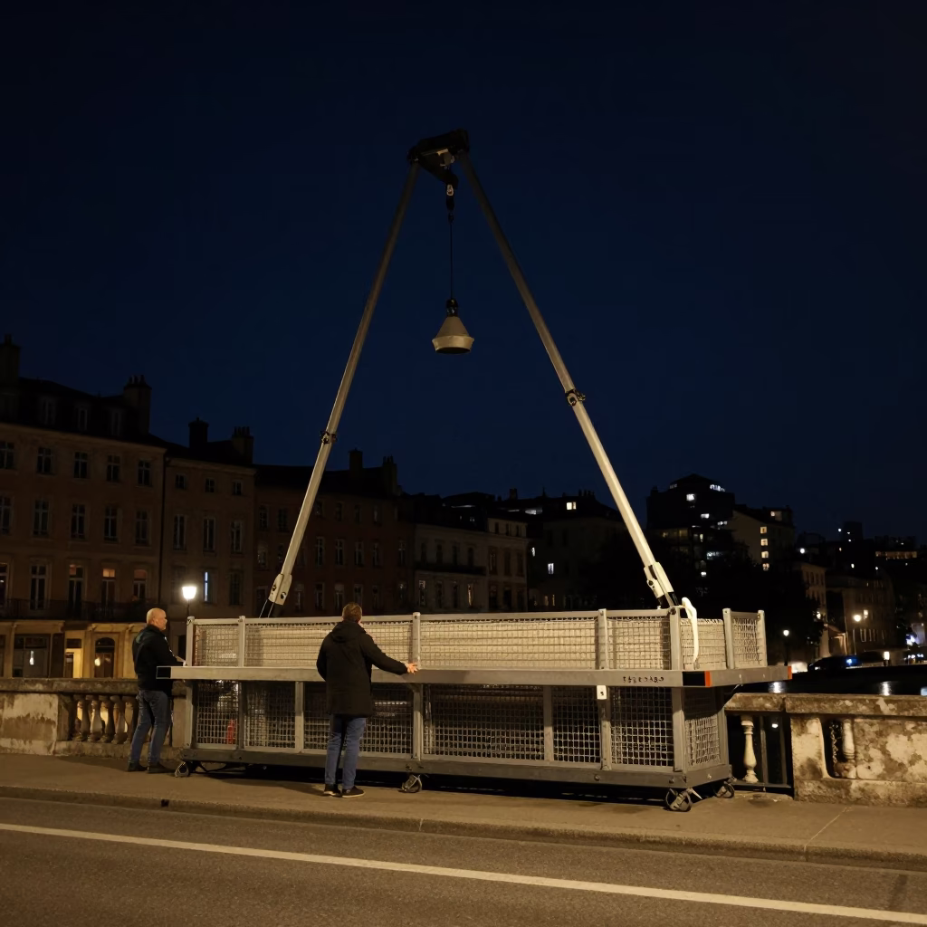 Nighttime Lyon Street Scene with Bridge Maintenance Cage and City Lights in in Lyon, France