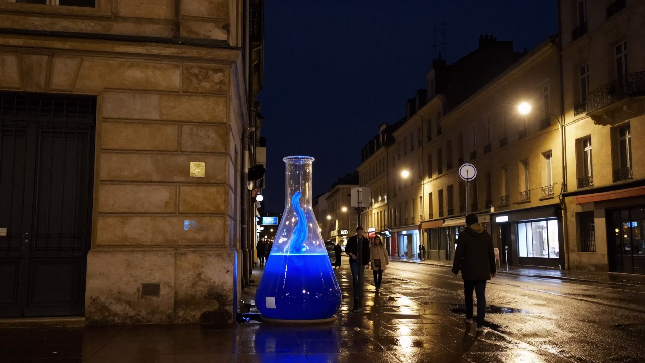 Nighttime Lyon Street Scene with Cobalt Beaker and Varnished Chair in in Lyon, France
