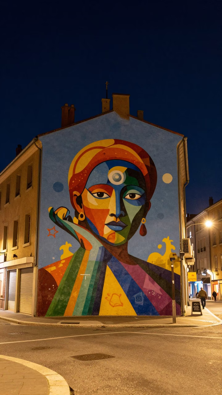 Nighttime Lyon Street Scene with Colorful Mural Art and Urban Details in in Lyon, France