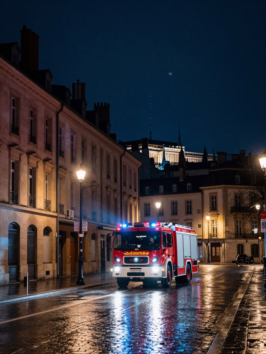 Nighttime Lyon Street Scene with Fire Engine Sirens and Wet Cobblestone Reflections in in Lyon, France