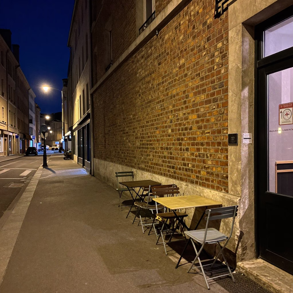 Nighttime Lyon Street Scene with Folding Tables and Urban Reflections in in Lyon, France