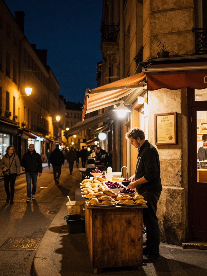 Nighttime Lyon street scene with fresh pasties and cherries in French capital in in Lyon, France