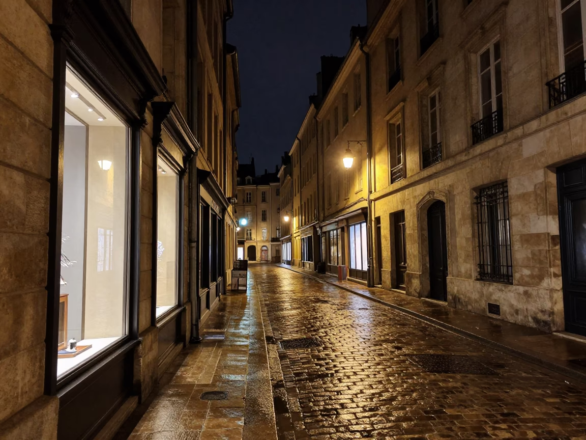 Nighttime Lyon Street Scene with Shop Window Reflections and Urban Details in in Lyon, France