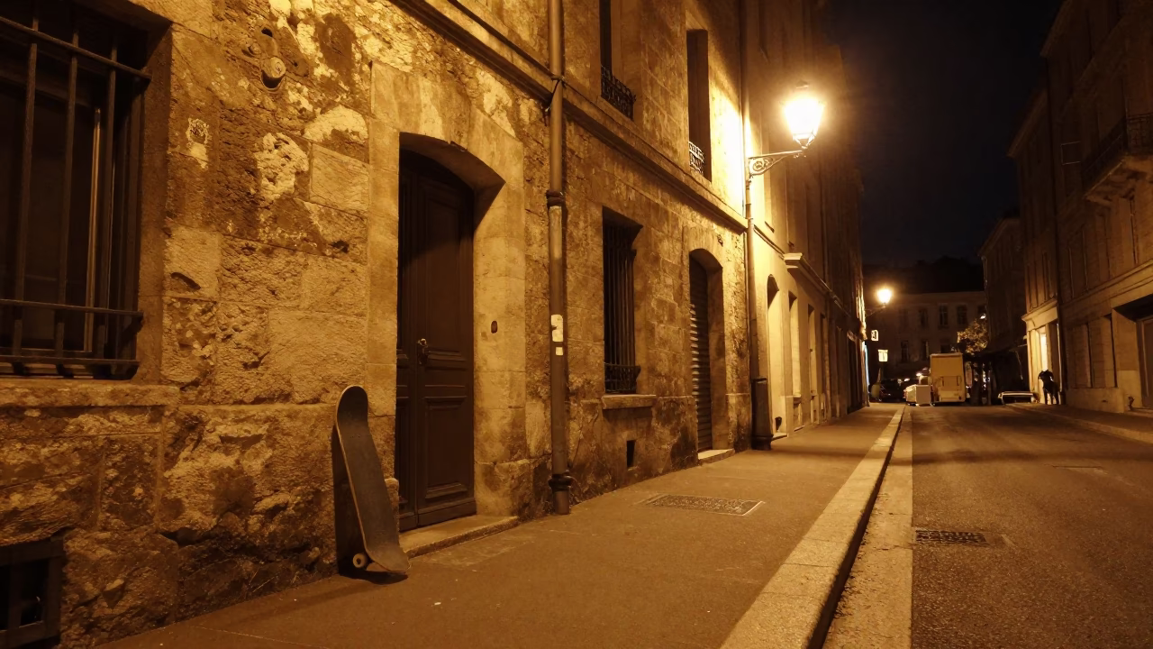 Nighttime Lyon Street Scene with Skateboard and Vintage 1960s Architecture in in Lyon, France