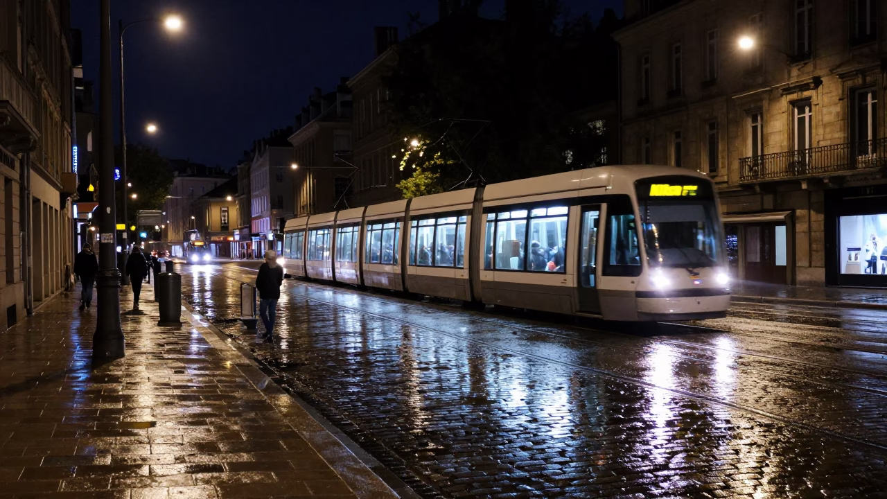 Nighttime Lyon Street Scene with Tram Reflections and Cobblestone Rain in in Lyon, France