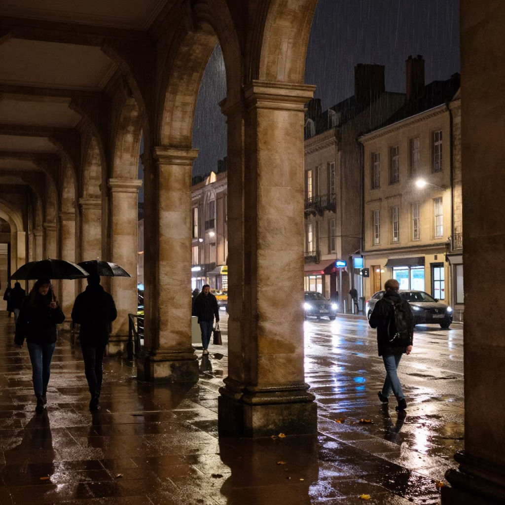 Nighttime Lyon Street Scene with University Arcade and Wet Leaves in in Lyon, France