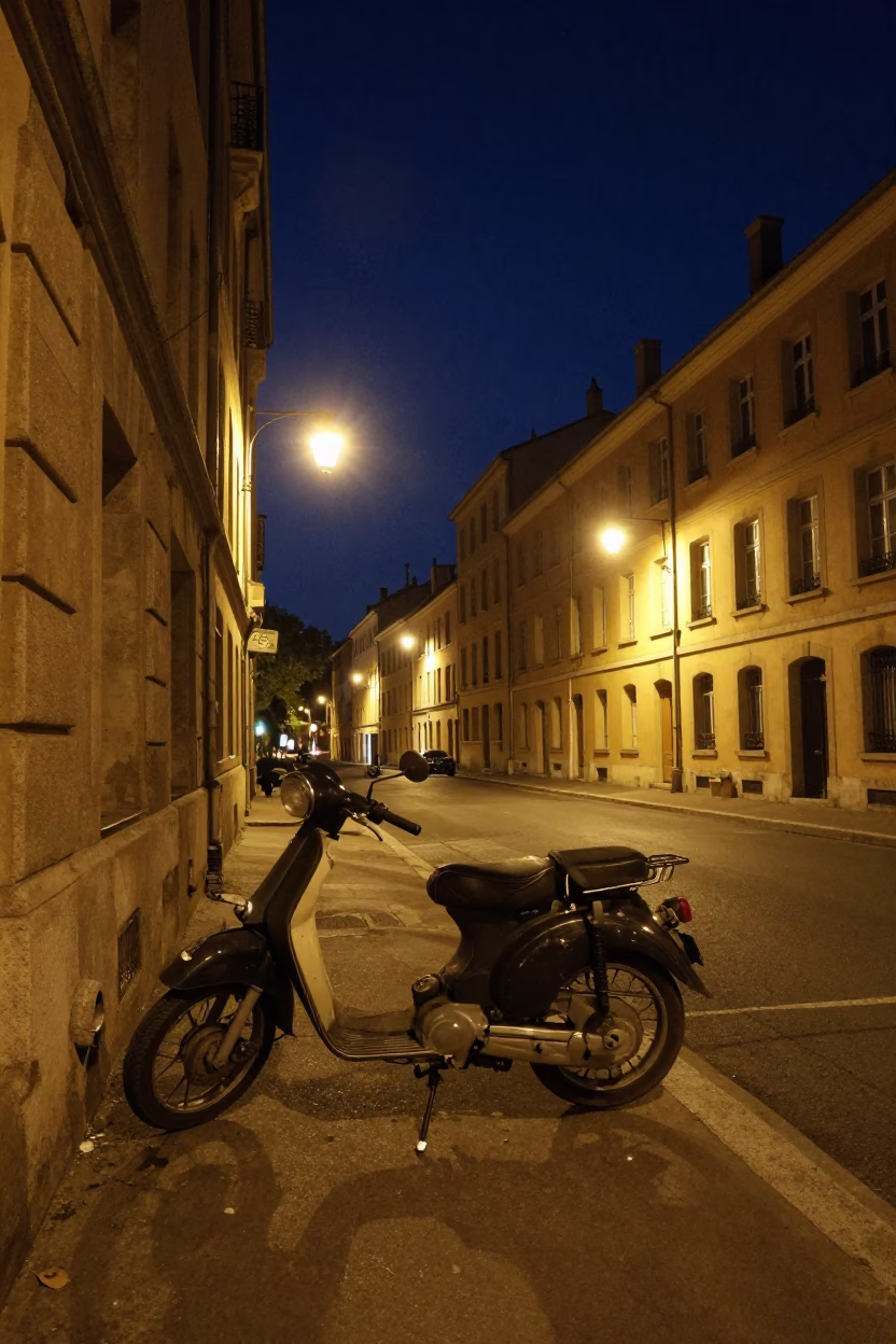 Nighttime Lyon Street Scene with Vintage Motorcycle and Metal Bucket in in Lyon, France