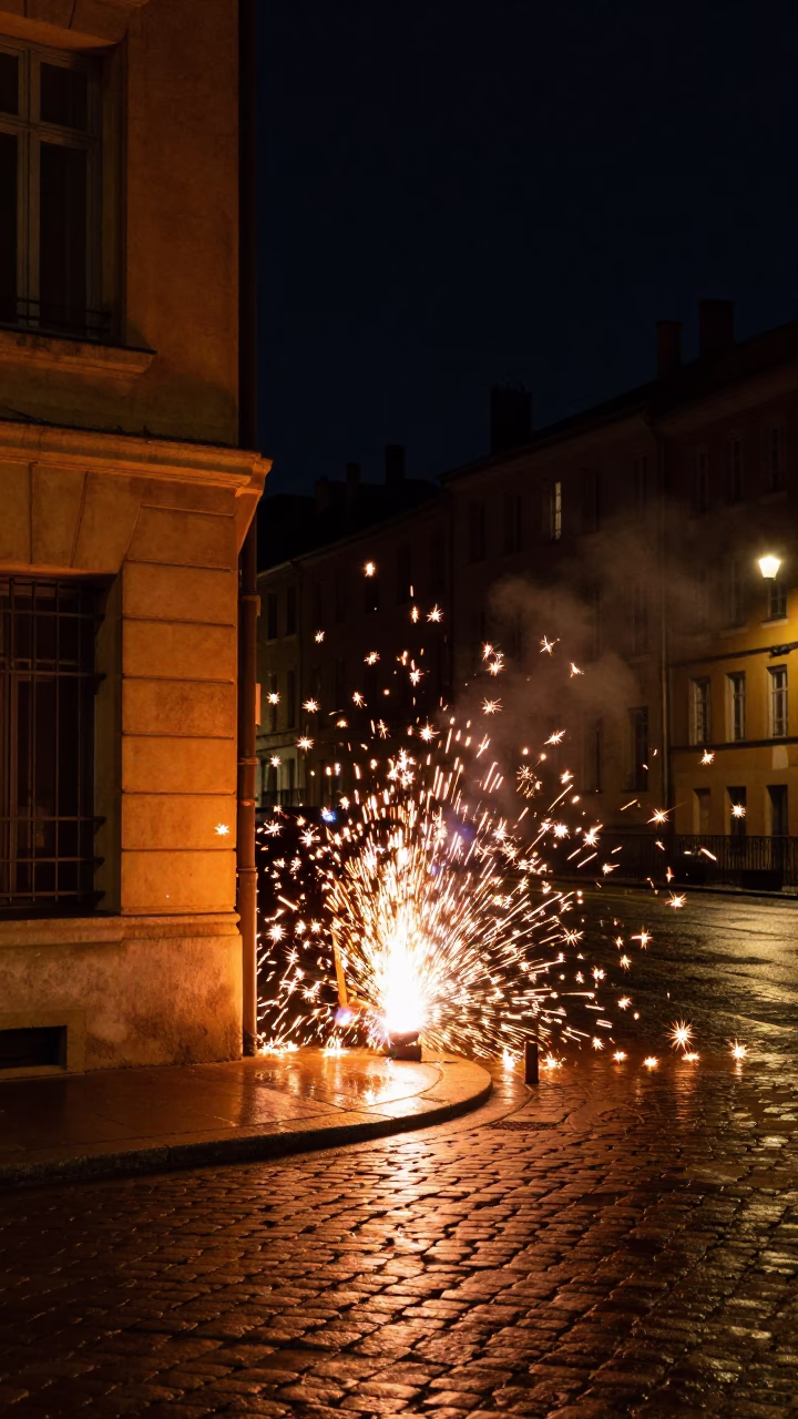 Nighttime Lyon Street Scene with Welding Sparks and Vintage Architecture in in Lyon, France