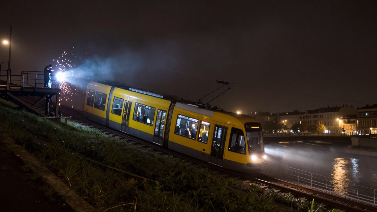 Nighttime Lyon Tram Steep Hill Welding Sparks Under Bridge Construction Platform in in Lyon, France