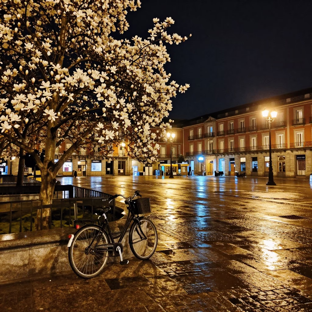 Nighttime Madrid Plaza with Magnolia Tree and Wet Bicycle Rack Under Streetlights in in Madrid, Spain