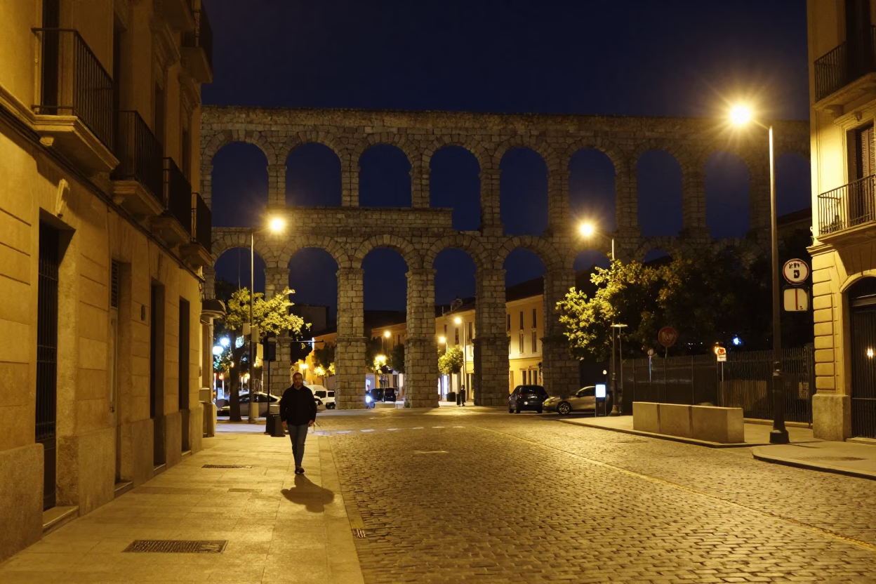 Nighttime Madrid Spain Street Scene with Roman Aqueduct and Cobblestone Details in in Madrid, Spain