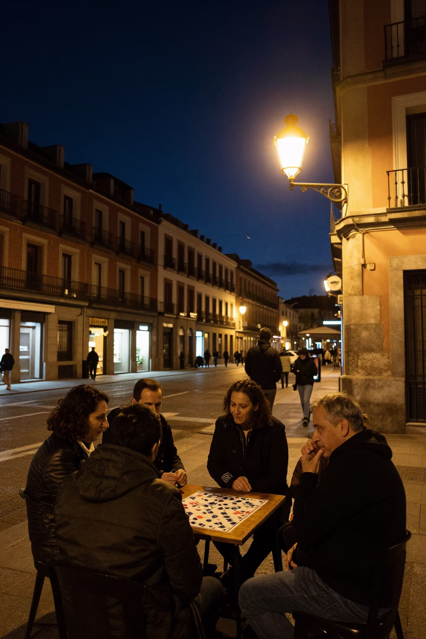 Nighttime Madrid Street Scene with Domino Game and Vintage Tea Canister in in Madrid, Spain