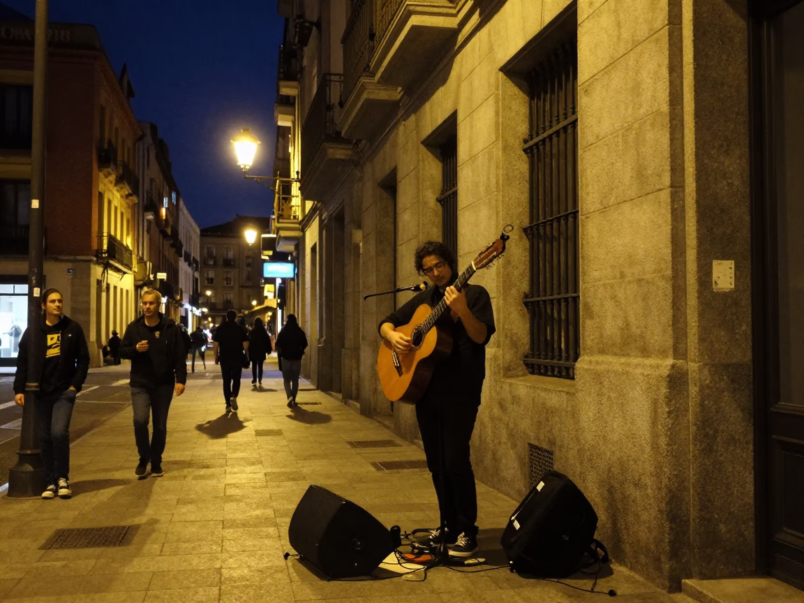 Nighttime Madrid Street Scene with Guitar and Urban Details in in Madrid, Spain