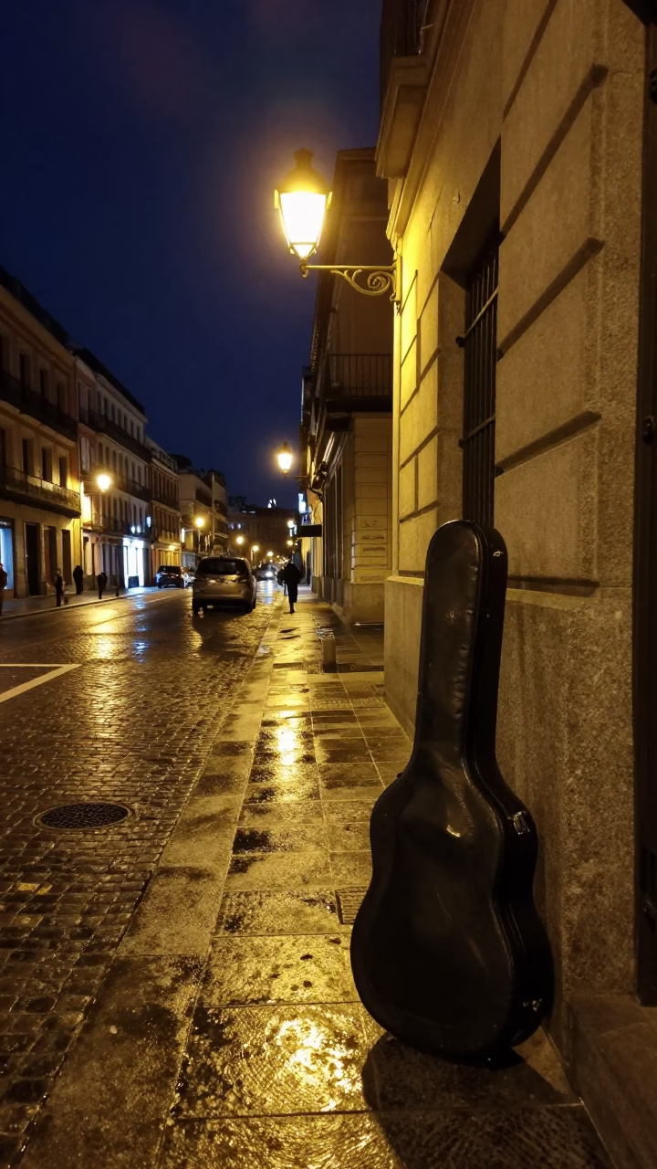Nighttime Madrid Street Scene with Guitar Case and Late Night Diners in in Madrid, Spain