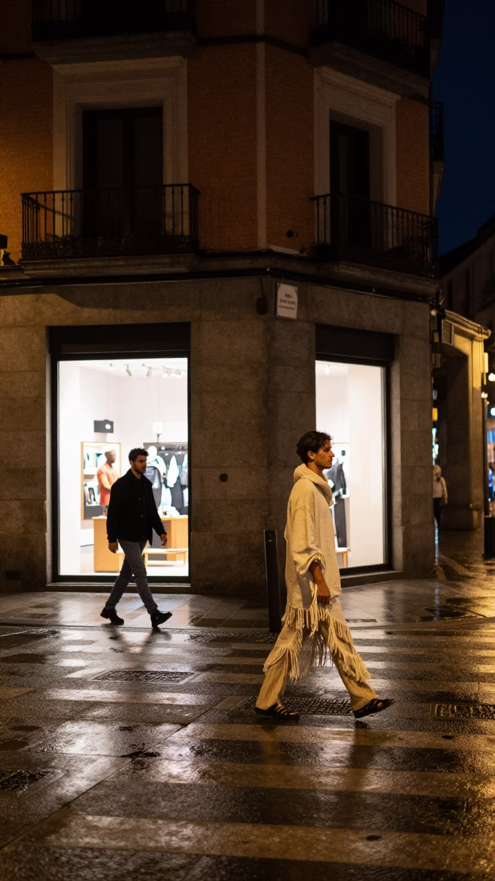Nighttime Madrid street scene with linen fringe clothing detail and patterned rug in in Madrid, Spain