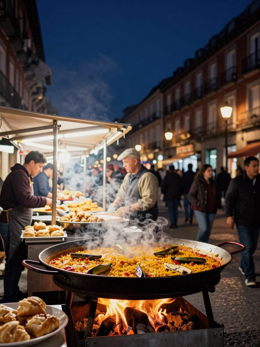 Nighttime Madrid Street Scene with Paella Pan and Pastries in in Madrid, Spain