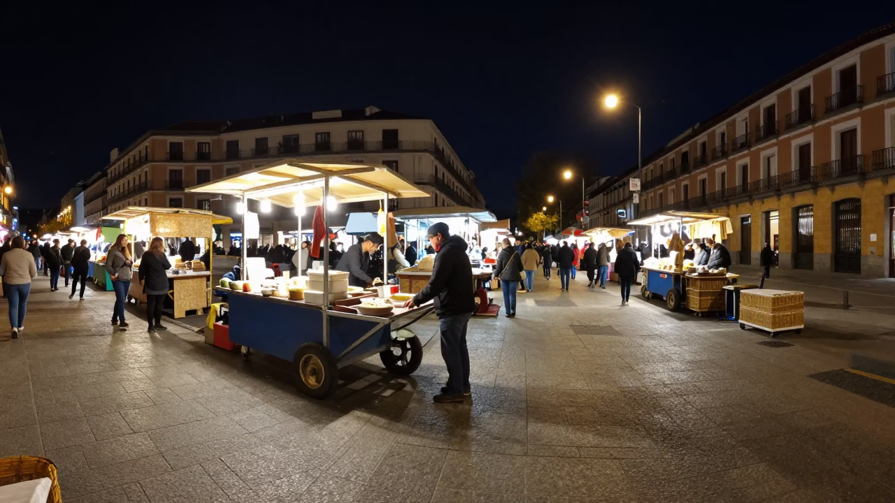 Nighttime Madrid Street Scene with Rolling Carts and Woven Baskets in in Madrid, Spain