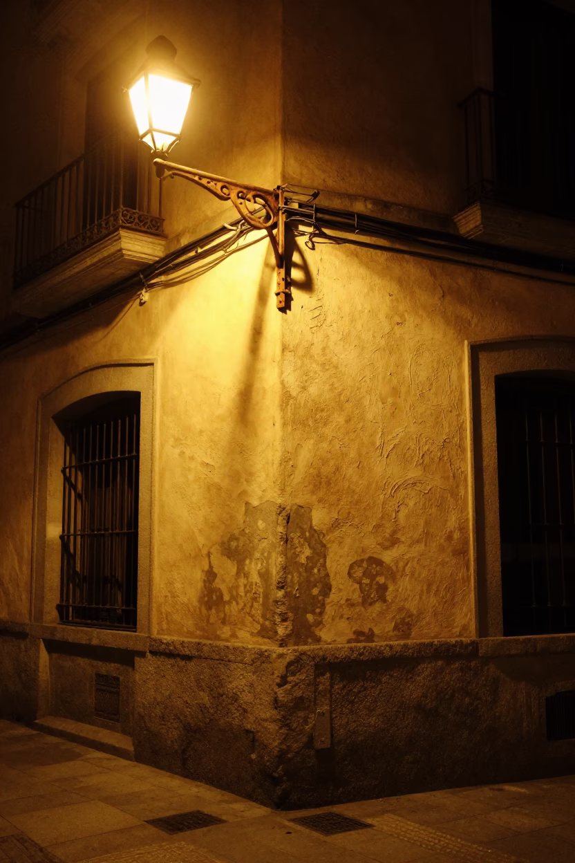 Nighttime Madrid Street Scene with Rusty Shelf Bracket and Cat on Wall Under Streetlight in in Madrid, Spain