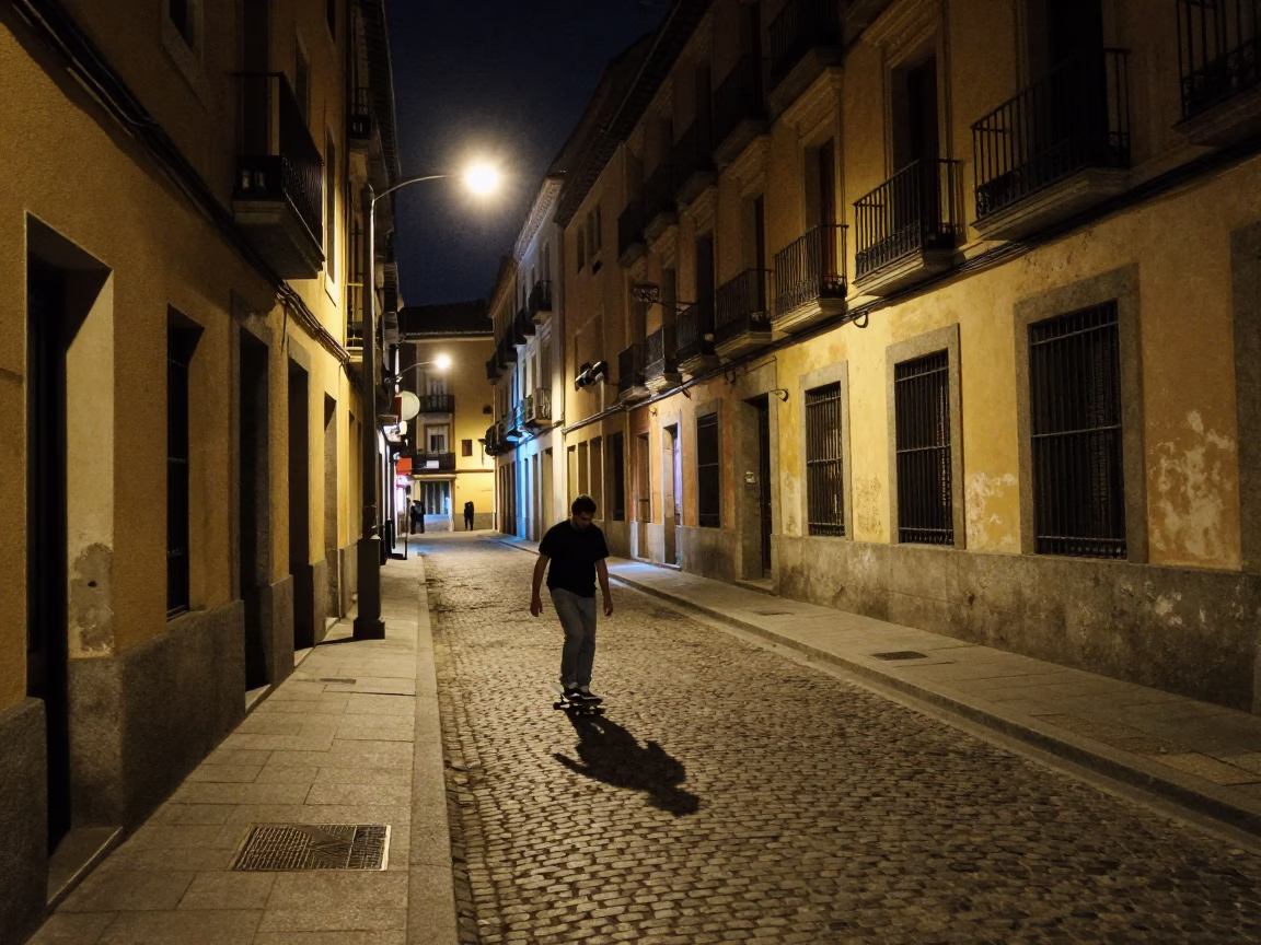 Nighttime Madrid Street Scene with Skateboarder and Urban Details in in Madrid, Spain