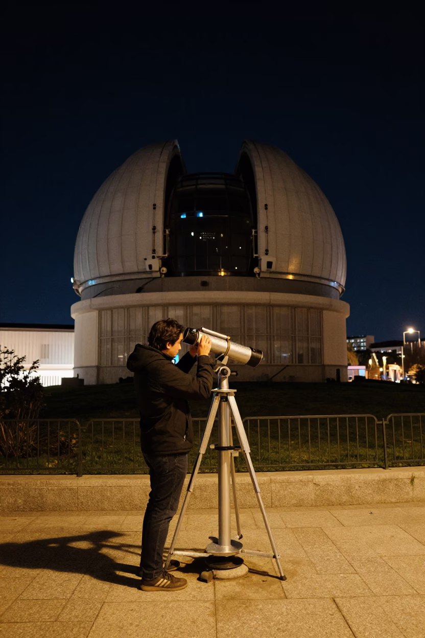 Nighttime Madrid Street Scene with Telescope and Observatory Architecture in in Madrid, Spain